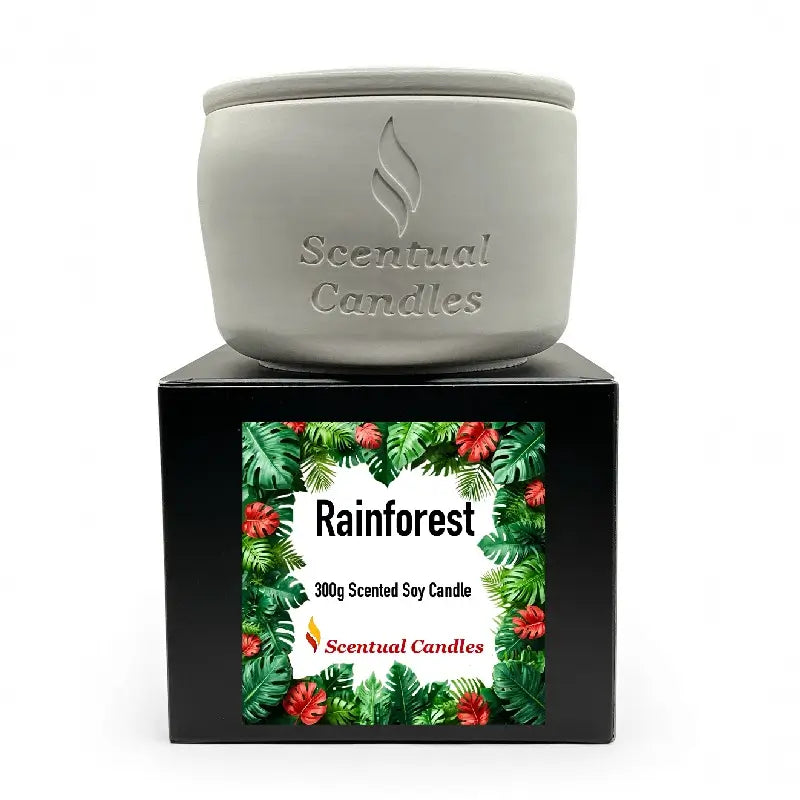 Rainforest Scented Candle in decorative box depicting lush rainforest theme, made from soy, hand-poured in Sydney for a refreshing escape