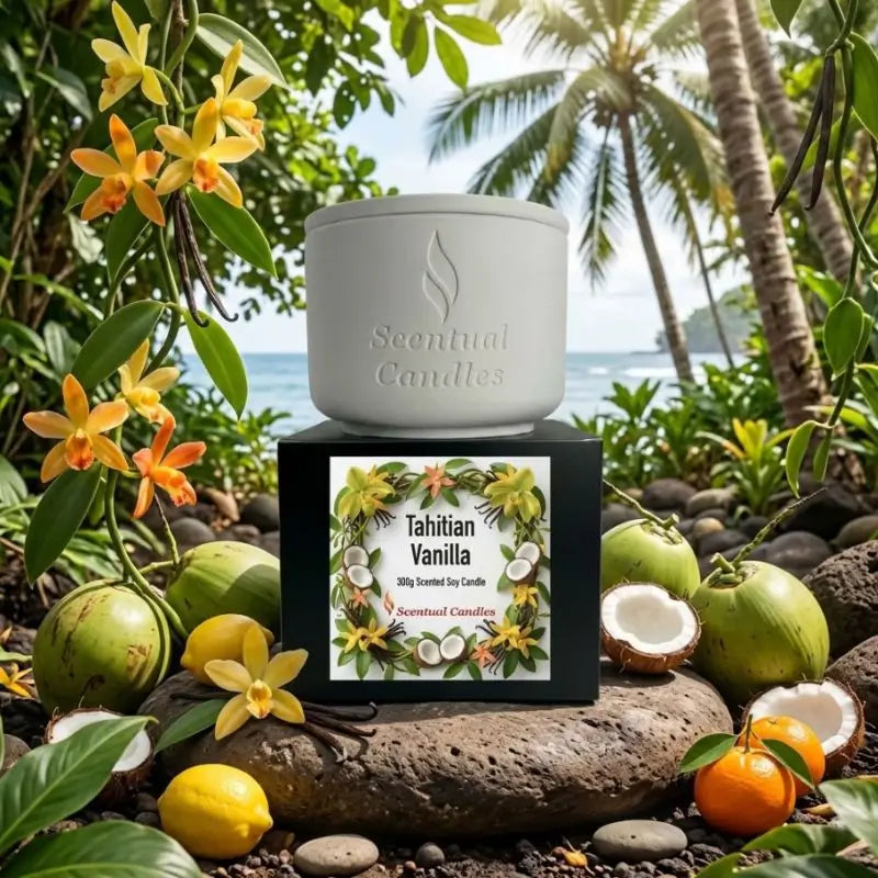 Tahitian Vanilla gourmet scented soy candle surrounded by tropical flowers and coconuts in a lush outdoor setting.