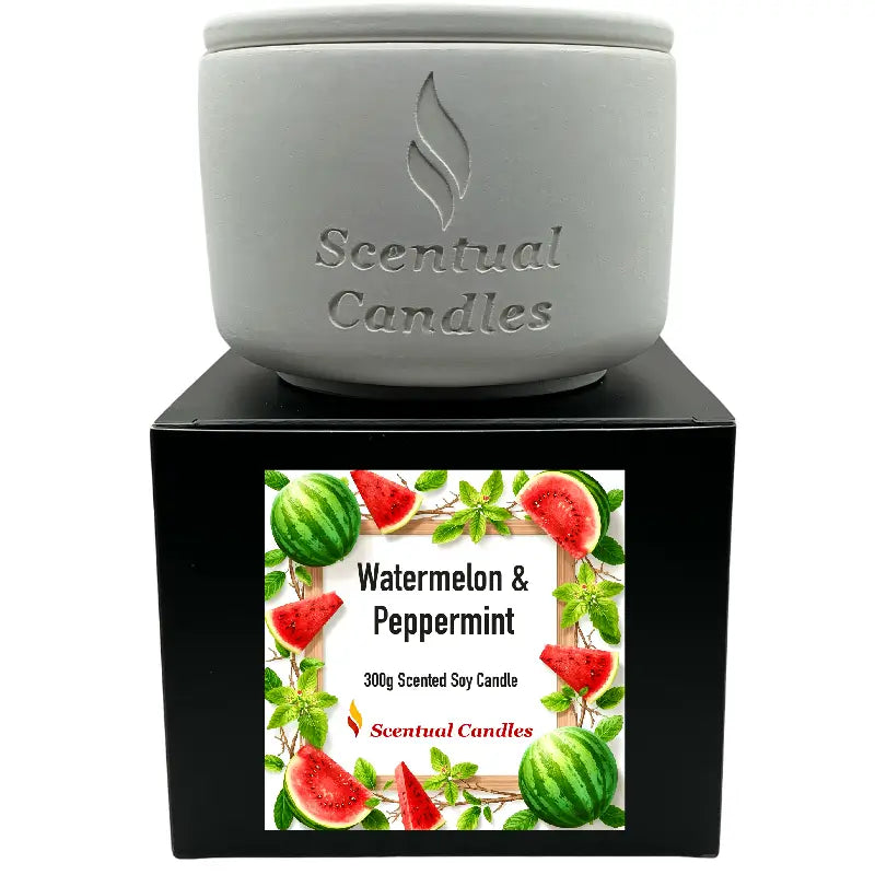Watermelon and Peppermint Candle - Scented Soy Candle in elegant packaging with fruit imagery.