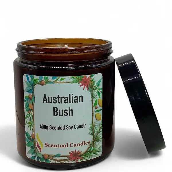 Scented candle jar labeled 'Australian Bush' with a decorative label on a white background