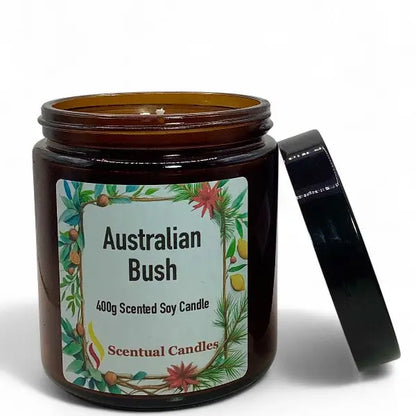 Scented Soy Candle in brown jar labeled Australian Bush, featuring a 400g soy candle with open lid showcasing luxury aroma and design.