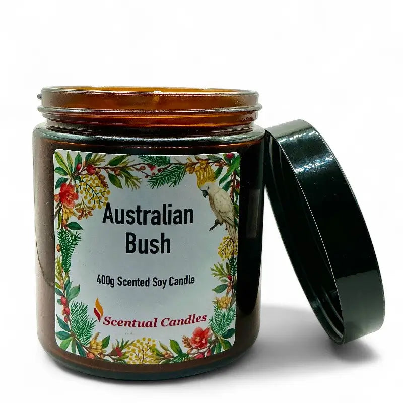 Australian Bush Candle with eucalyptus, lemon myrtle, pine scent in brown jar with open lid.