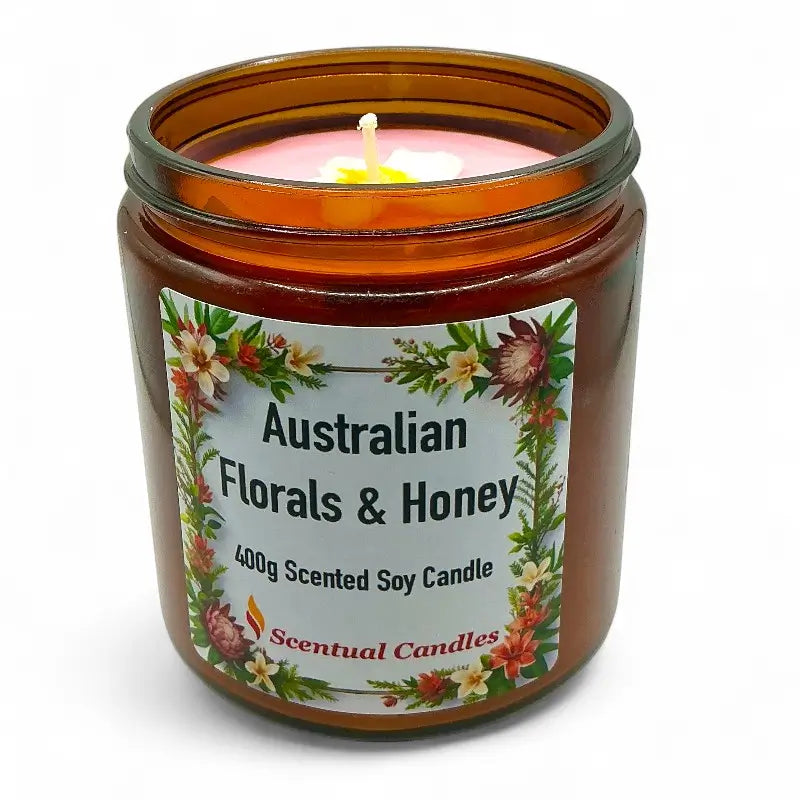 Australian Florals and Honey scented soy candle in amber jar with floral label, 400g, premium home fragrance