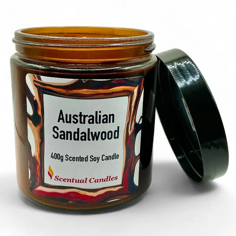 Scentual Candles Australian Sandalwood candle jar with label on a white background