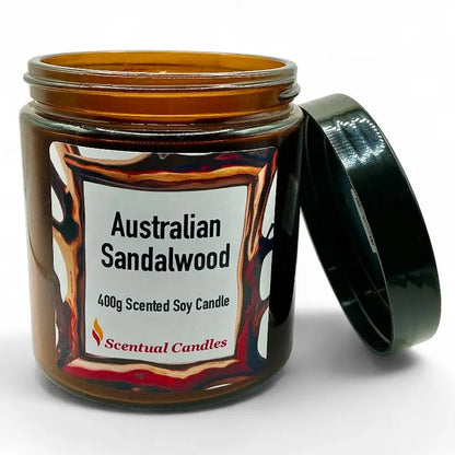 Scentual Candles Australian Sandalwood candle jar with label on a white background