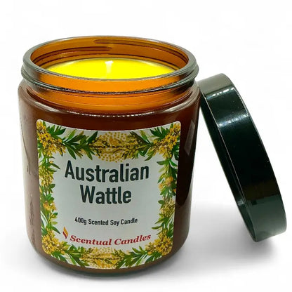 Australian Wattle Scented Soy Candle with open lid showing yellow wax in a jar