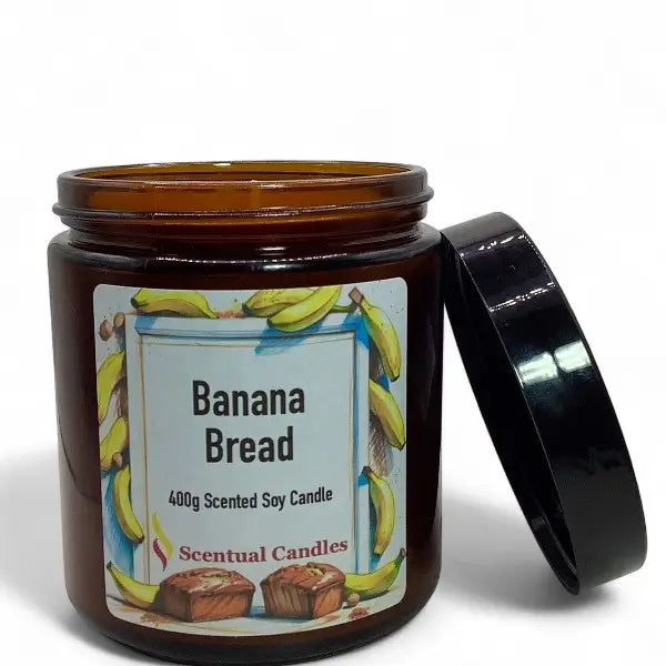 Brown candle jar with 'Banana Bread' label on a white background