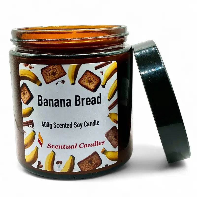 Banana Bread Candle Scented Soy with jar and open lid, creating a cozy bakery atmosphere with warm banana aroma.