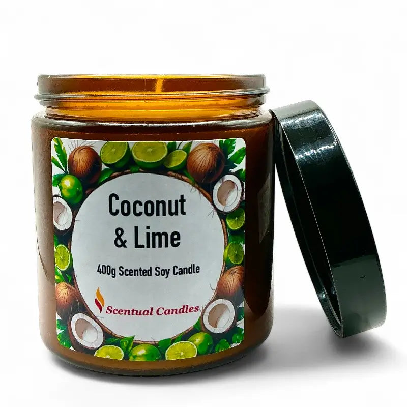 Coconut and lime candle jar with label on a white background