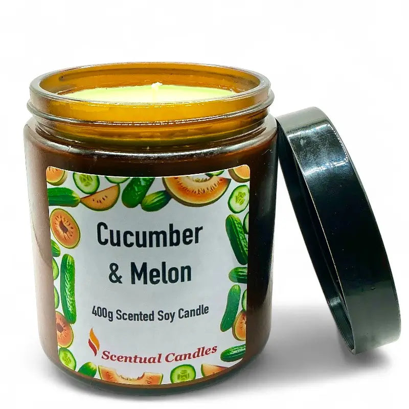 Candle jar labeled 'Cucumber and Melon' by Scentual Candles on a white background