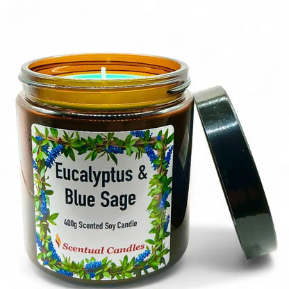 Eucalyptus candle in a jar with a label indicating Eucalyptus & Blue Sage fragrance on a white background.