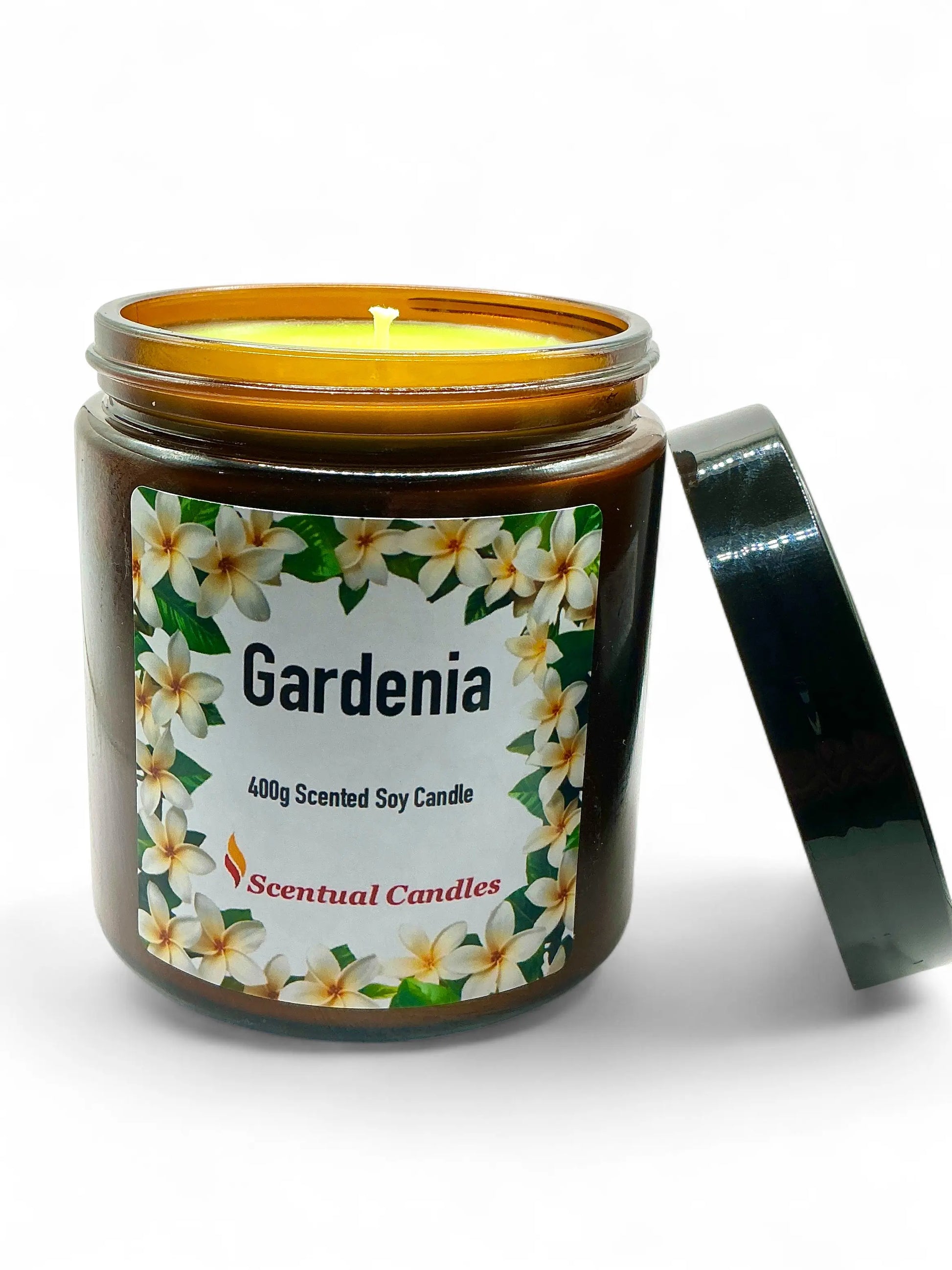 Scentual Candles Gardenia candle with label and lid on a white background