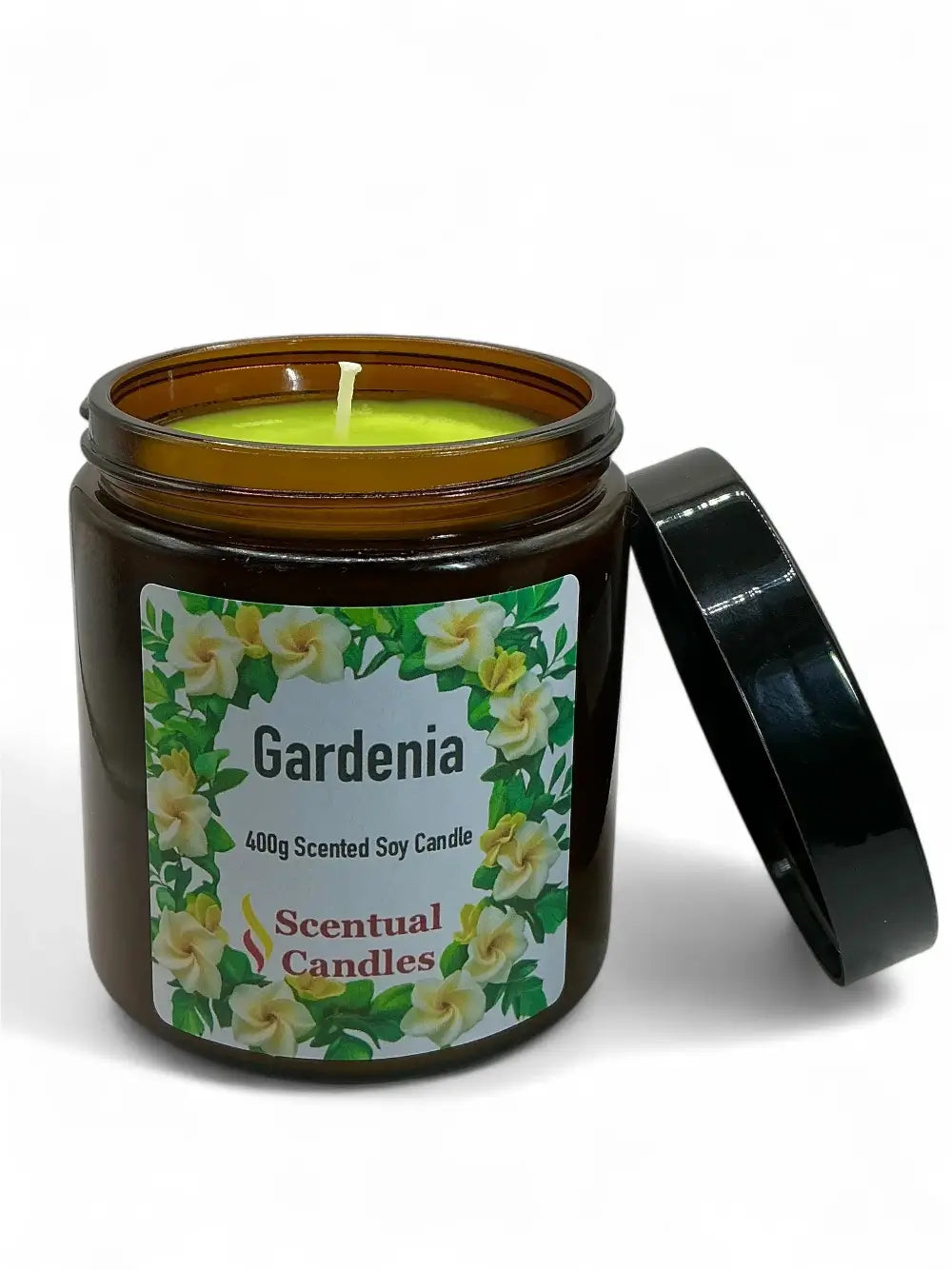 Scentual Candles Gardenia candle in an amber jar with a floral label on a white background