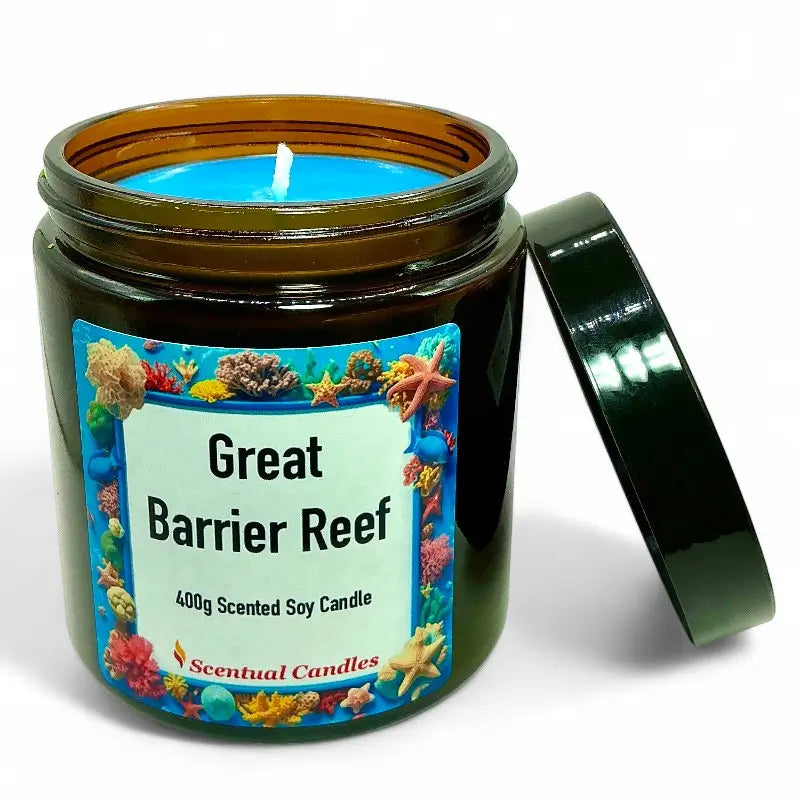 Tropical Scented Candle Great Barrier Reef in a brown jar with open lid, evoking vibrant marine aromas and relaxation.