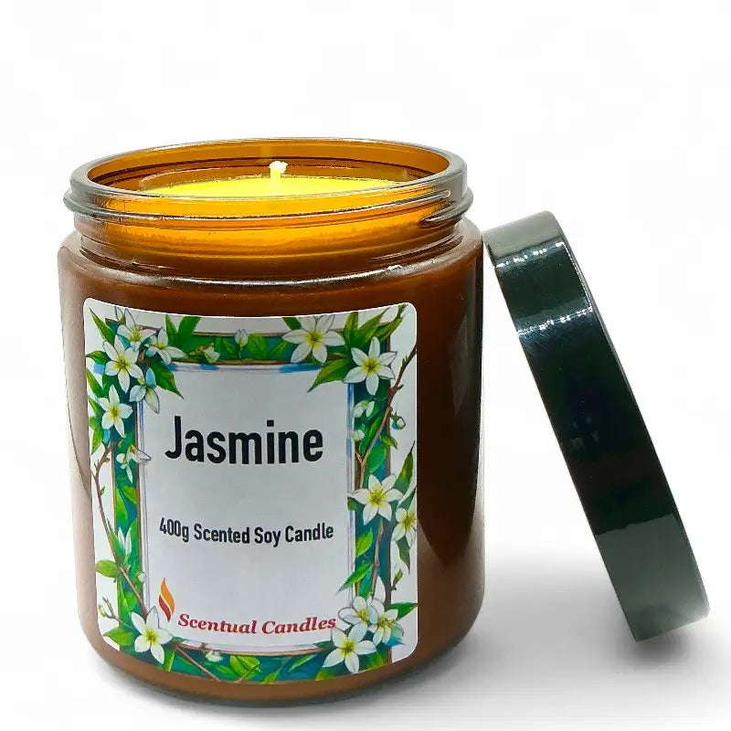 Jasmine Candle in a glass jar, floral design label, perfect for any room.