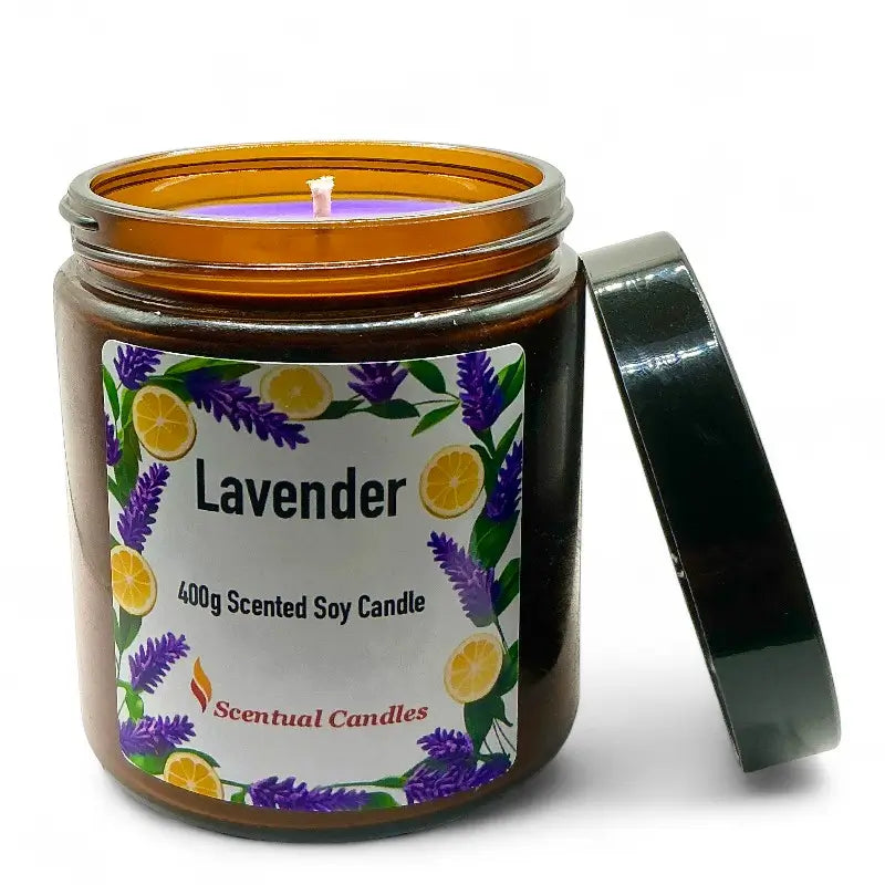 Lavender Candle Scented Soy with citrus and floral design, 400g jar, open lid, by Scentual Candles