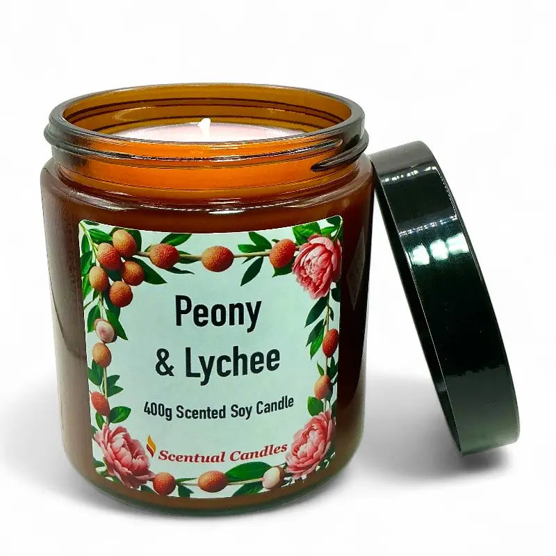 Lychee Scented Candle with peony and lychee fragrance in glass jar, 400g size