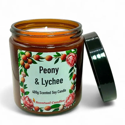 Lychee Scented Candle with peony and lychee fragrance in glass jar, 400g size