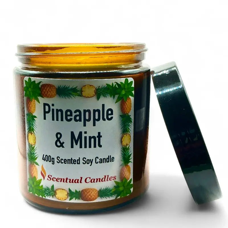 Scentual Candles pineapple and mint scented soy candle with label