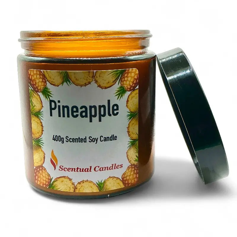 Pineapple scented candle with label on a white background