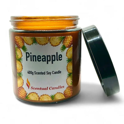 Pineapple scented candle with label on a white background