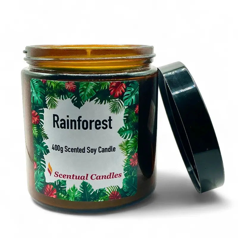 Scentual Candles Rainforest scented candle with a decorative label on a white background