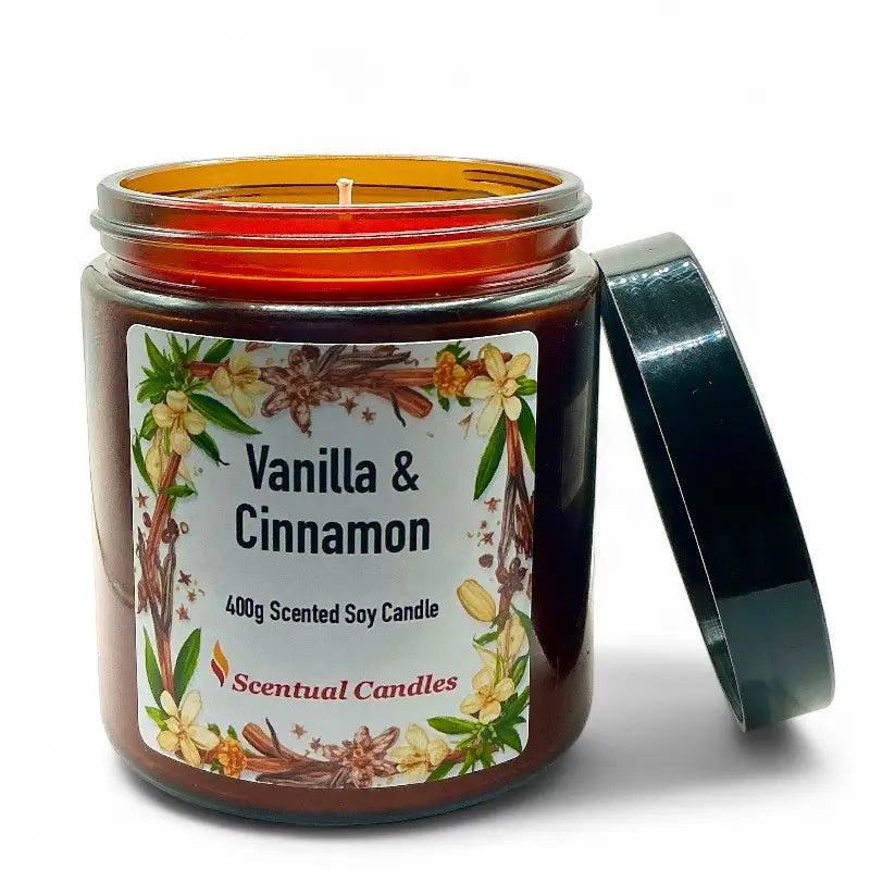 Vanilla and Cinnamon candle in a glass jar with a label on a white background