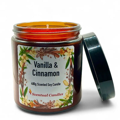 Vanilla and Cinnamon candle in a glass jar with a label on a white background
