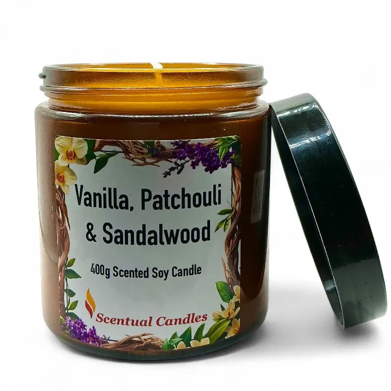 Scented candle jar labeled Vanilla Patchouli and Sandalwood with a decorative label on a white background.