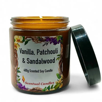 Scented candle jar labeled Vanilla Patchouli and Sandalwood with a decorative label on a white background.