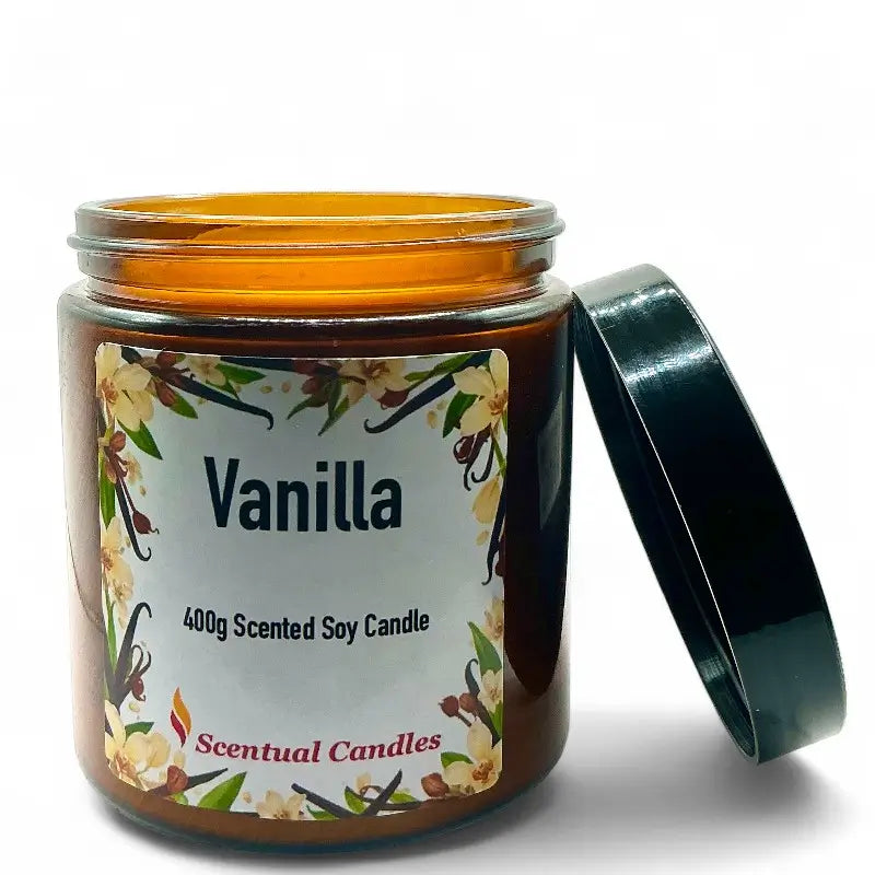 Vanilla scented candle jar with floral label on a white background