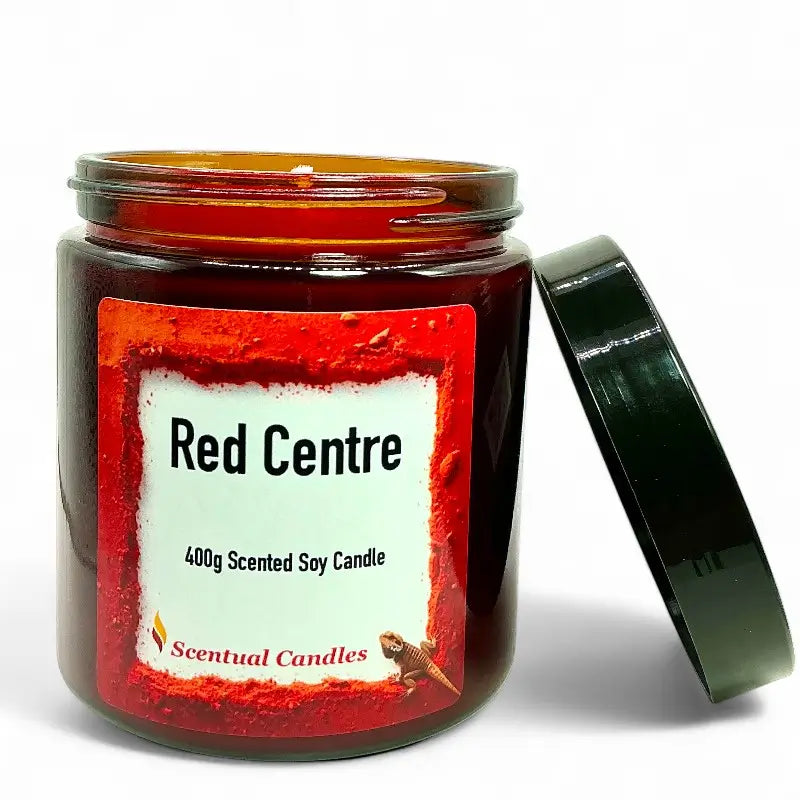 Scentual Candles jar with Spicy Vanilla 'Red Centre' label on a white background