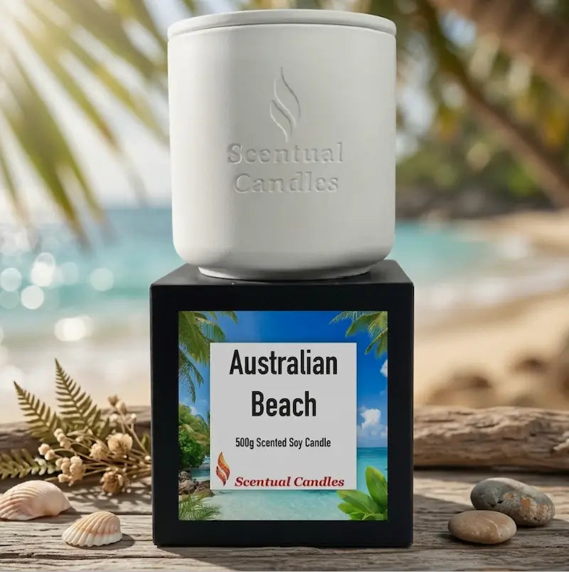 Beach Candle displayed on a table with a tropical background, featuring Australian Beach scent.