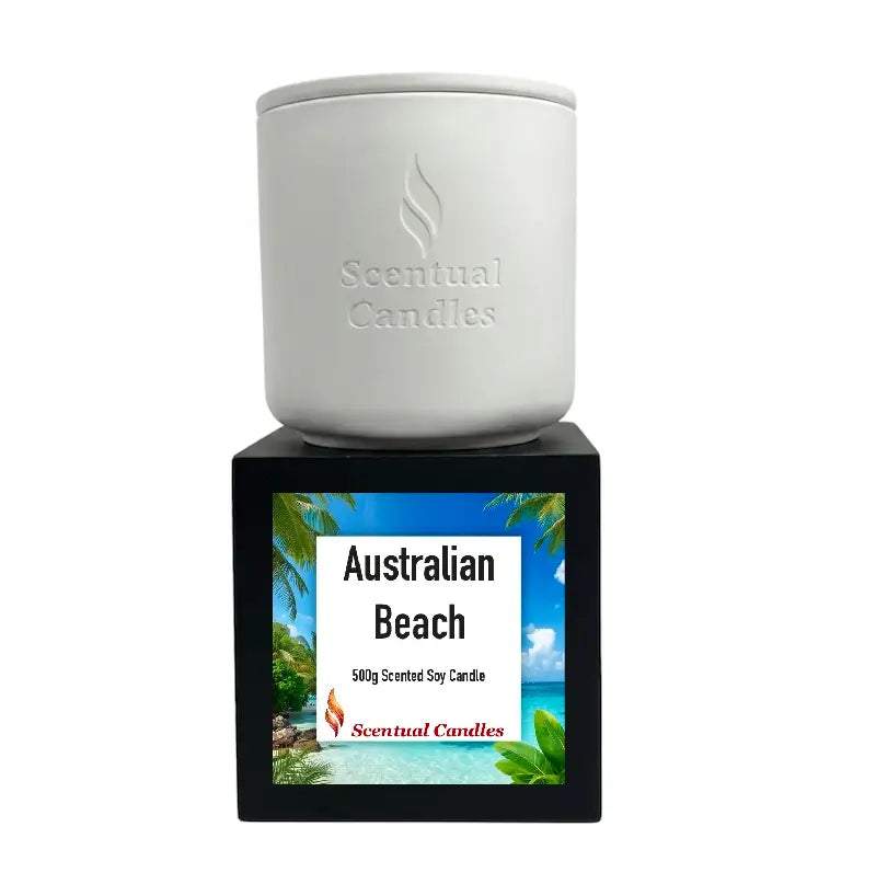 Australian Beach scented soy candle with a clean white container and vibrant packaging featuring beach imagery.
