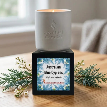 Australian Blue Cypress Candle displayed in a white container on a black base with vibrant packaging.