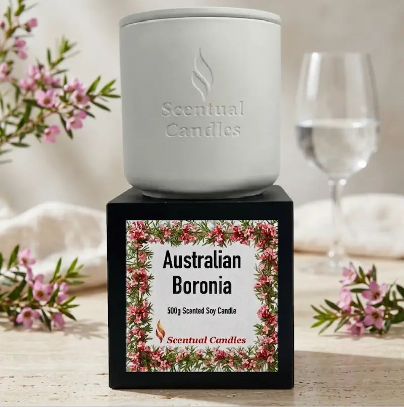Scented Soy Candle in white container with Australian Boronia label, showcasing Australian floral heritage.