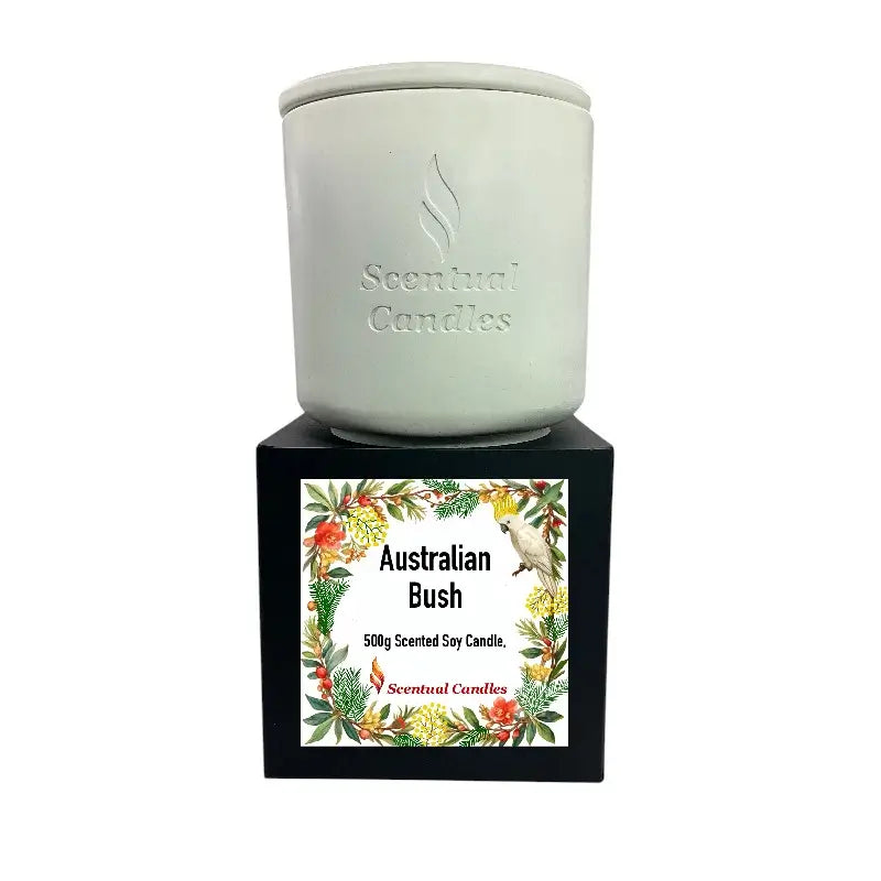 Australian Bush Candle – 500g Scented Soy Candle with eucalyptus, lemon myrtle, and pine.