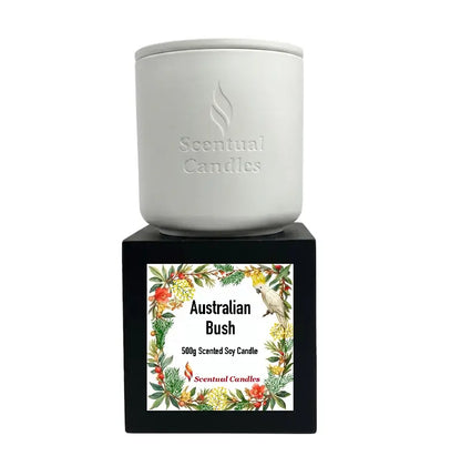 Australian Bush Candle – 500g scented soy candle featuring eucalyptus, lemon myrtle, and pine aroma.