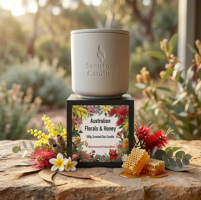 Australian Florals and Honey scented soy candle displayed in elegant packaging from Scentual Candles.