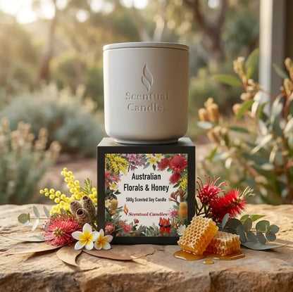 Australian Florals and Honey scented soy candle displayed in elegant packaging from Scentual Candles.