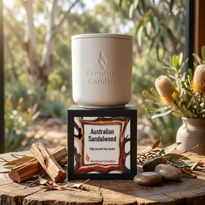 Australian Sandalwood Candle in a white container, featuring a rich wood design and 500g scented soy label.