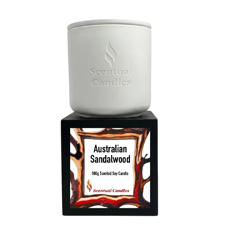 Australian Sandalwood Candle in a white container, featuring a rich wood design and 500g scented soy label.