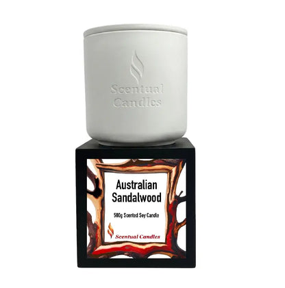 Australian Sandalwood Candle in a white container, featuring a rich wood design and 500g scented soy label.