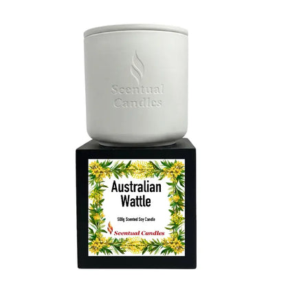 Australian Wattle Scented soy candle with a decorative label and floral design.