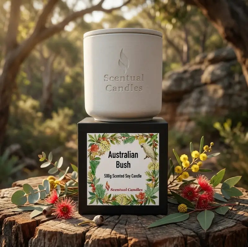 Australian Bush Candle – 500g scented soy candle featuring eucalyptus, lemon myrtle, and pine aroma.