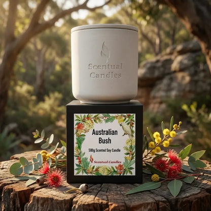 Australian Bush Candle – 500g scented soy candle featuring eucalyptus, lemon myrtle, and pine aroma.