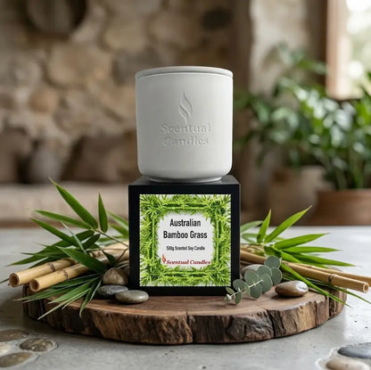 Bamboo Candle displayed with natural elements, featuring Australian Bamboo Grass scent and a clean, modern design.