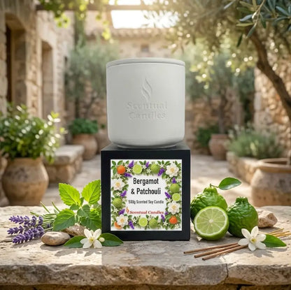 Bergamot Candle with Patchouli in a decorative container, showcasing floral and citrus designs, 500g scented soy candle
