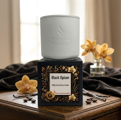 Black Opium Candle displayed in an elegant white ceramic jar by Scentual Candles, perfect for a luxurious home fragrance.