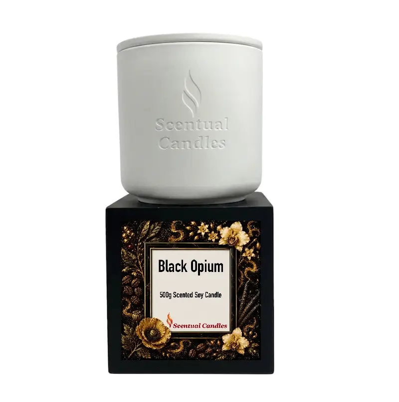 Black Opium Candle displayed in an elegant white ceramic jar by Scentual Candles, perfect for a luxurious home fragrance.